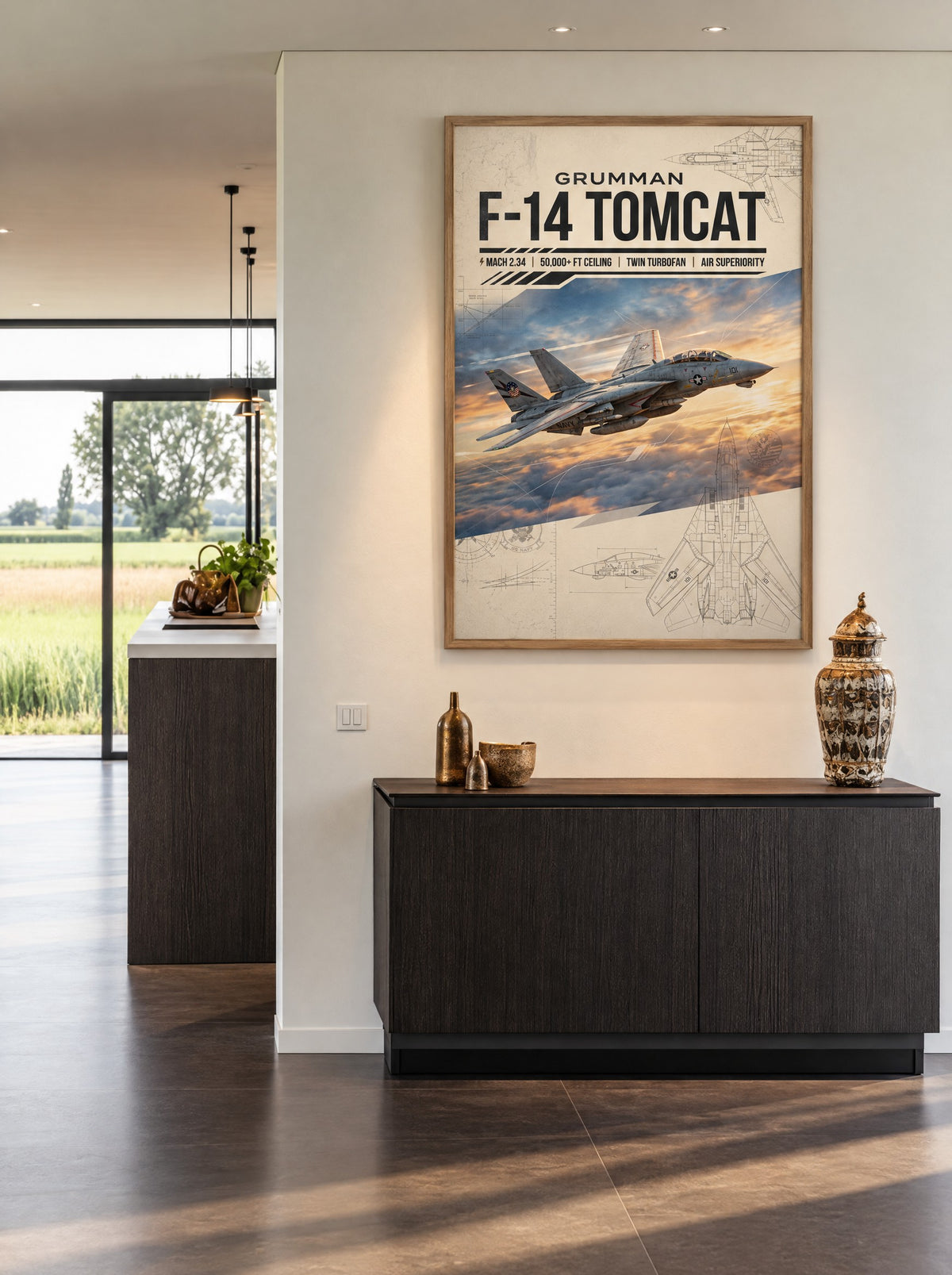 Grumman F-14 Tomcat met natuur houten lijst aan de muur in de woonkamer
