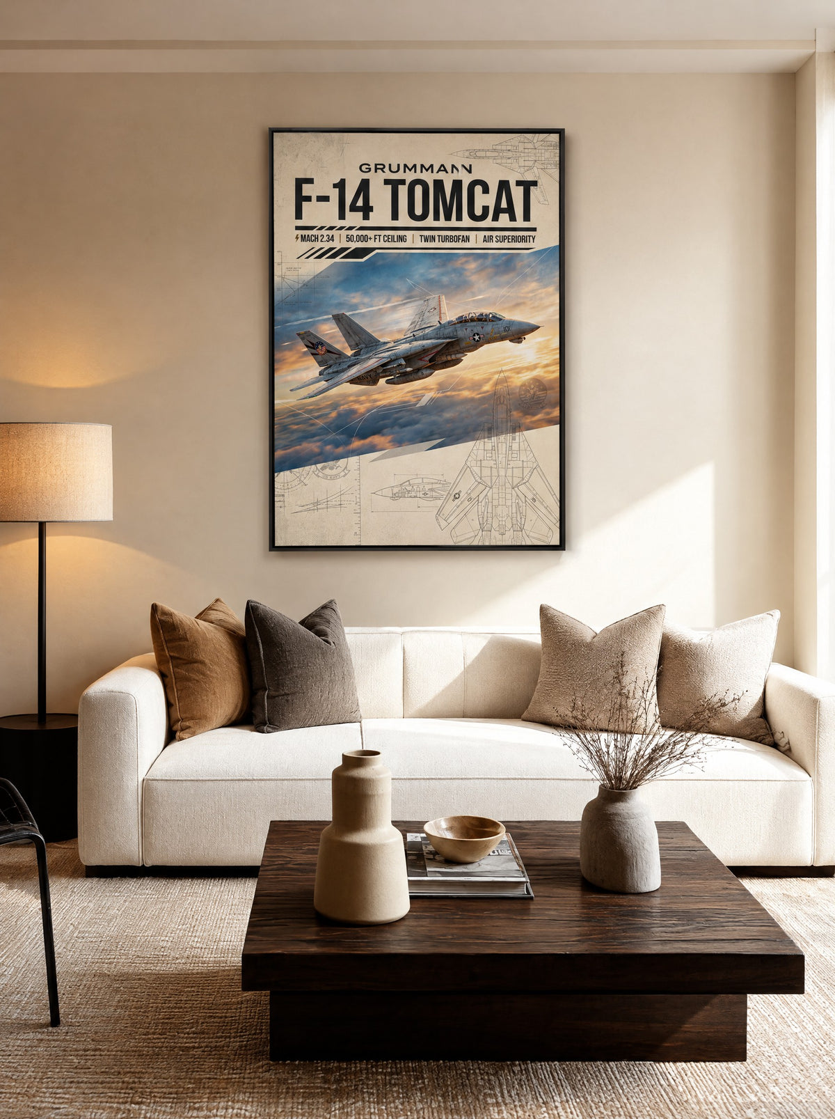Grumman F-14 Tomcat met zwarte lijst aan de muur in de werkkamer