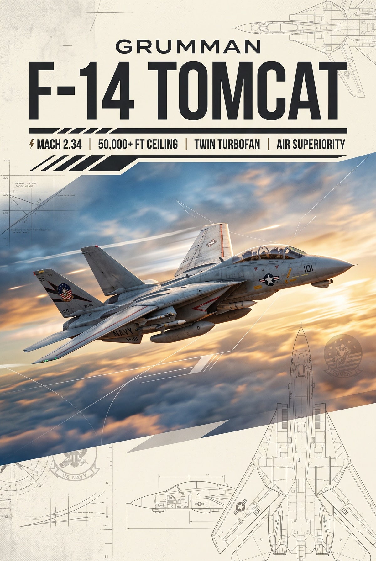 Poster met F-14 Tomcat in vlucht tegen een gouden wolkenlucht op een beige poster met blauwdruk