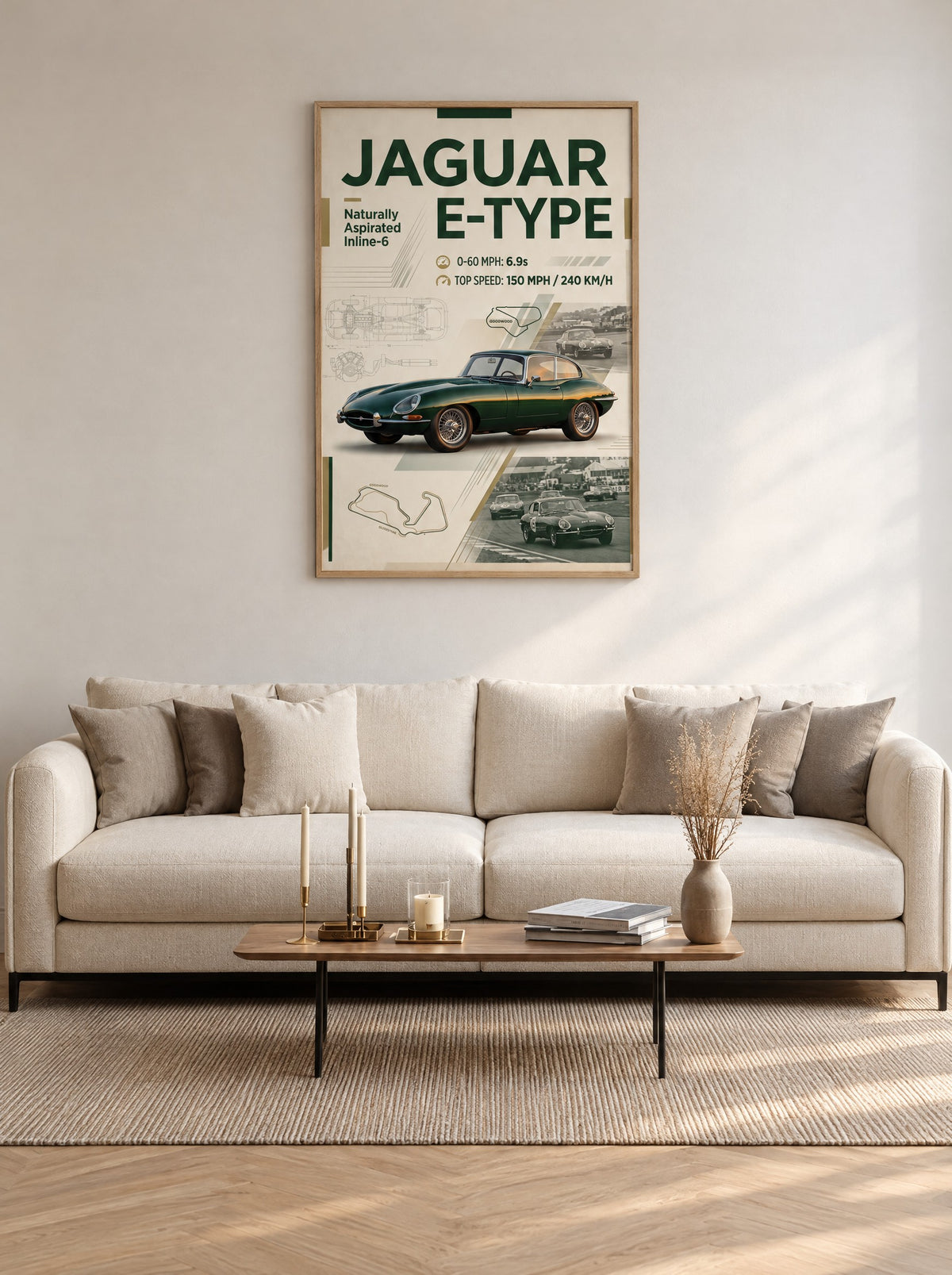 Jaguar E-Type met natuur houten lijst aan de muur in de werkkamer