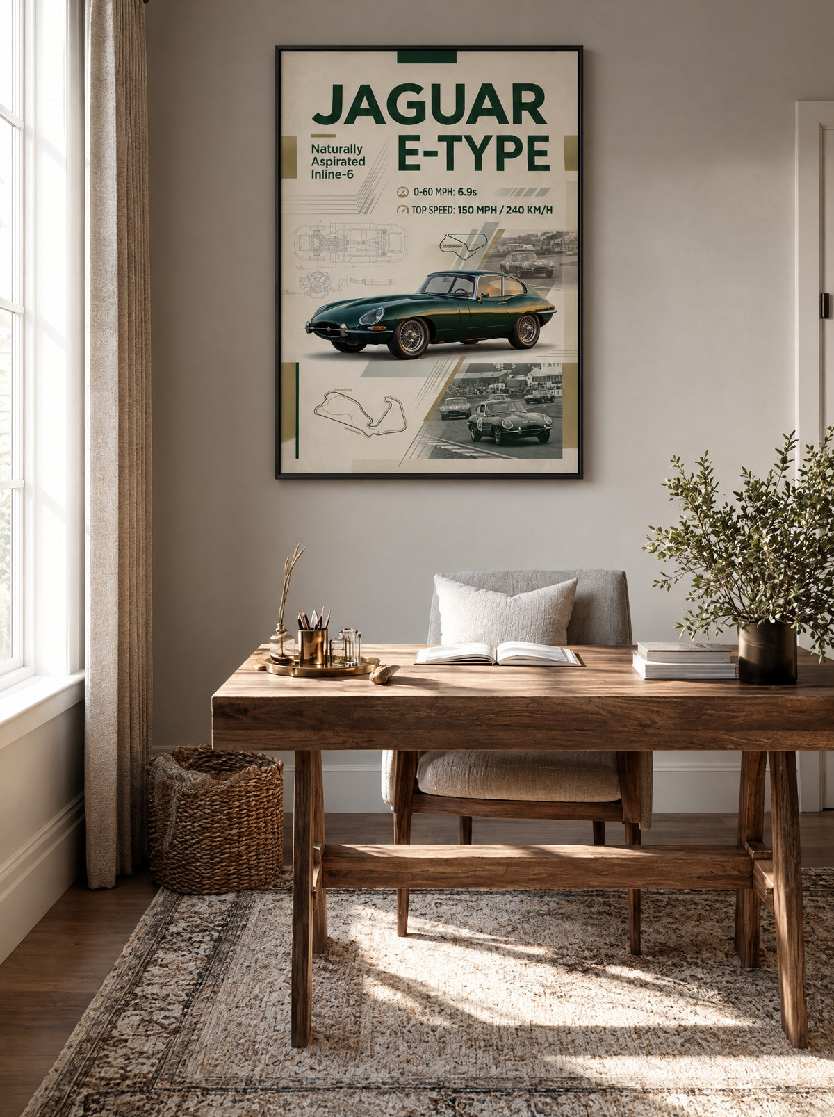 Jaguar E-Type met zwarte lijst aan de muur in de woonkamer