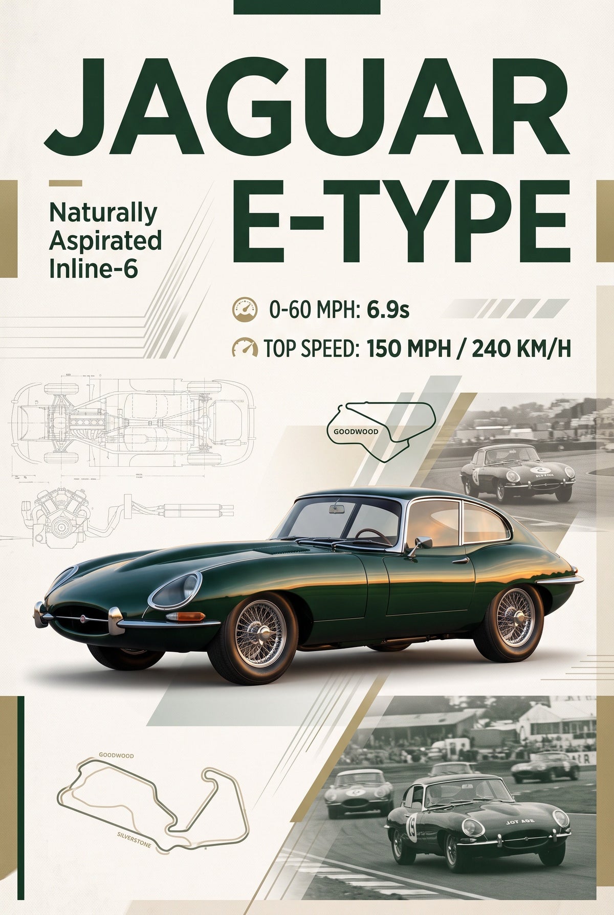 Poster met donkergroene Jaguar E-Type op een crèmekleurige poster met blauwdrukken en zwart-witfoto's van races