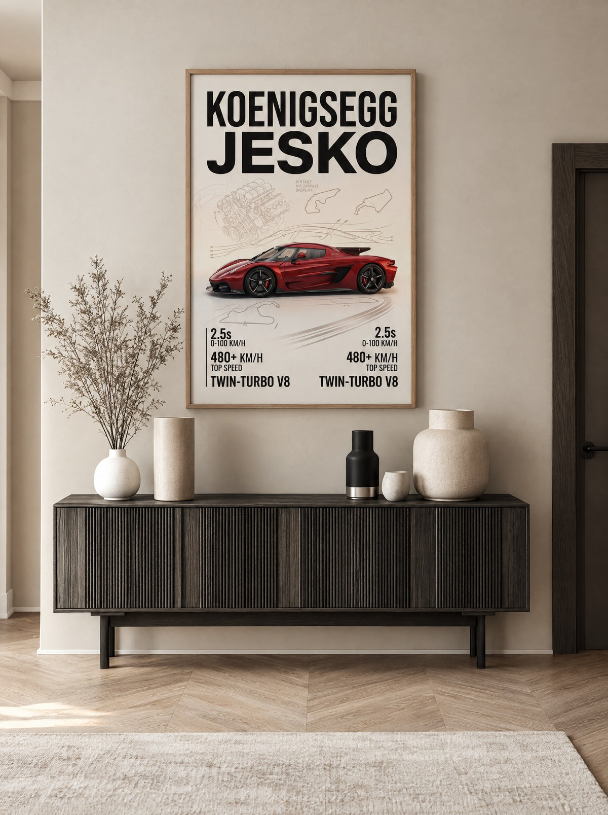 Koenigsegg Jesko met natuur houten lijst aan de muur in de werkkamer