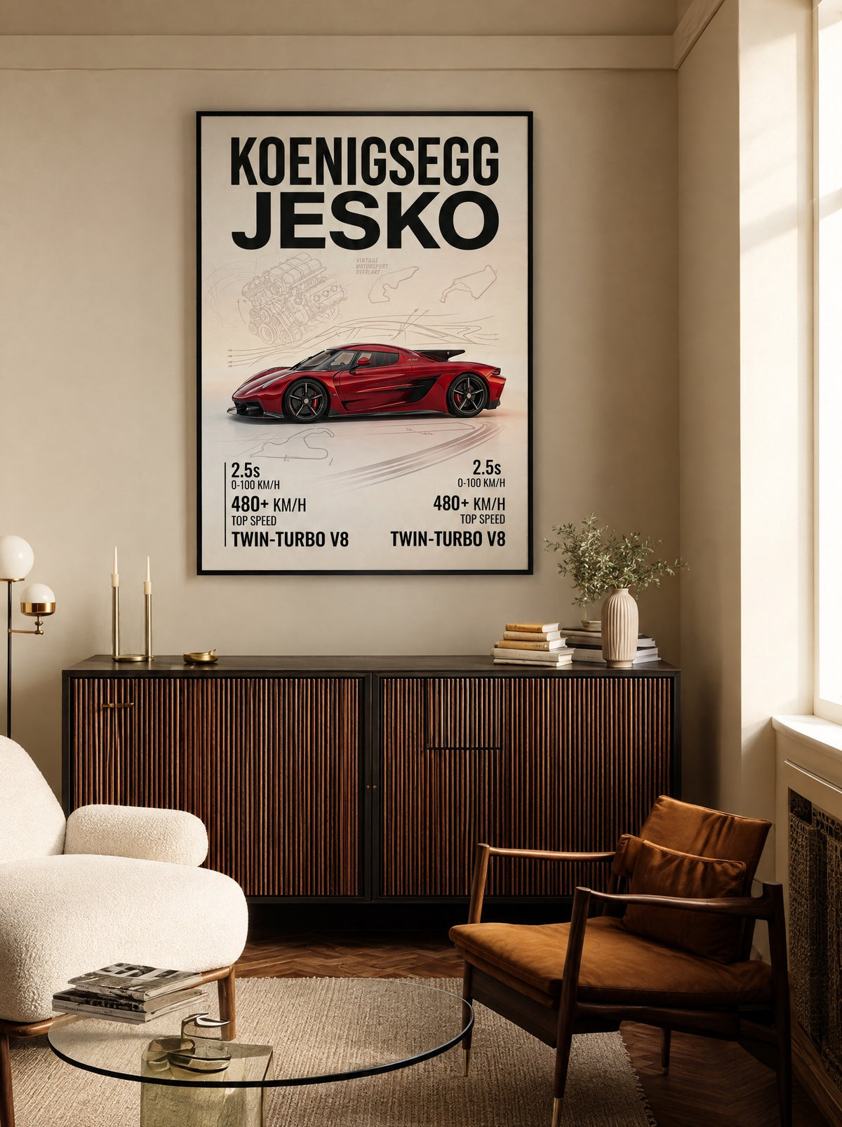 Koenigsegg Jesko met zwarte lijst aan de muur in de woonkamer