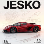 Poster met rode Koenigsegg Jesko in zijaanzicht op een witte poster met motorschets en circuitlijnen