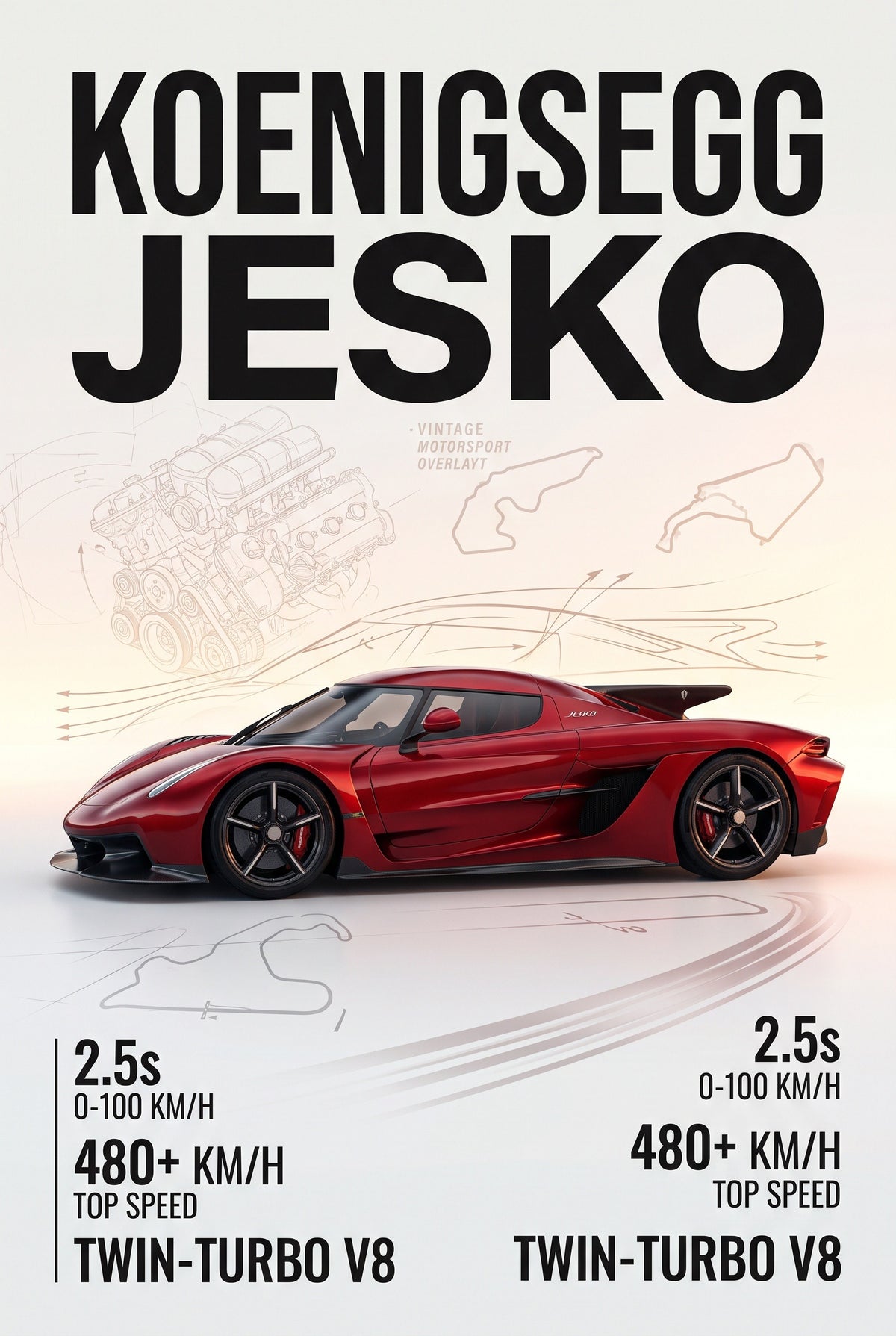 Poster met rode Koenigsegg Jesko in zijaanzicht op een witte poster met motorschets en circuitlijnen