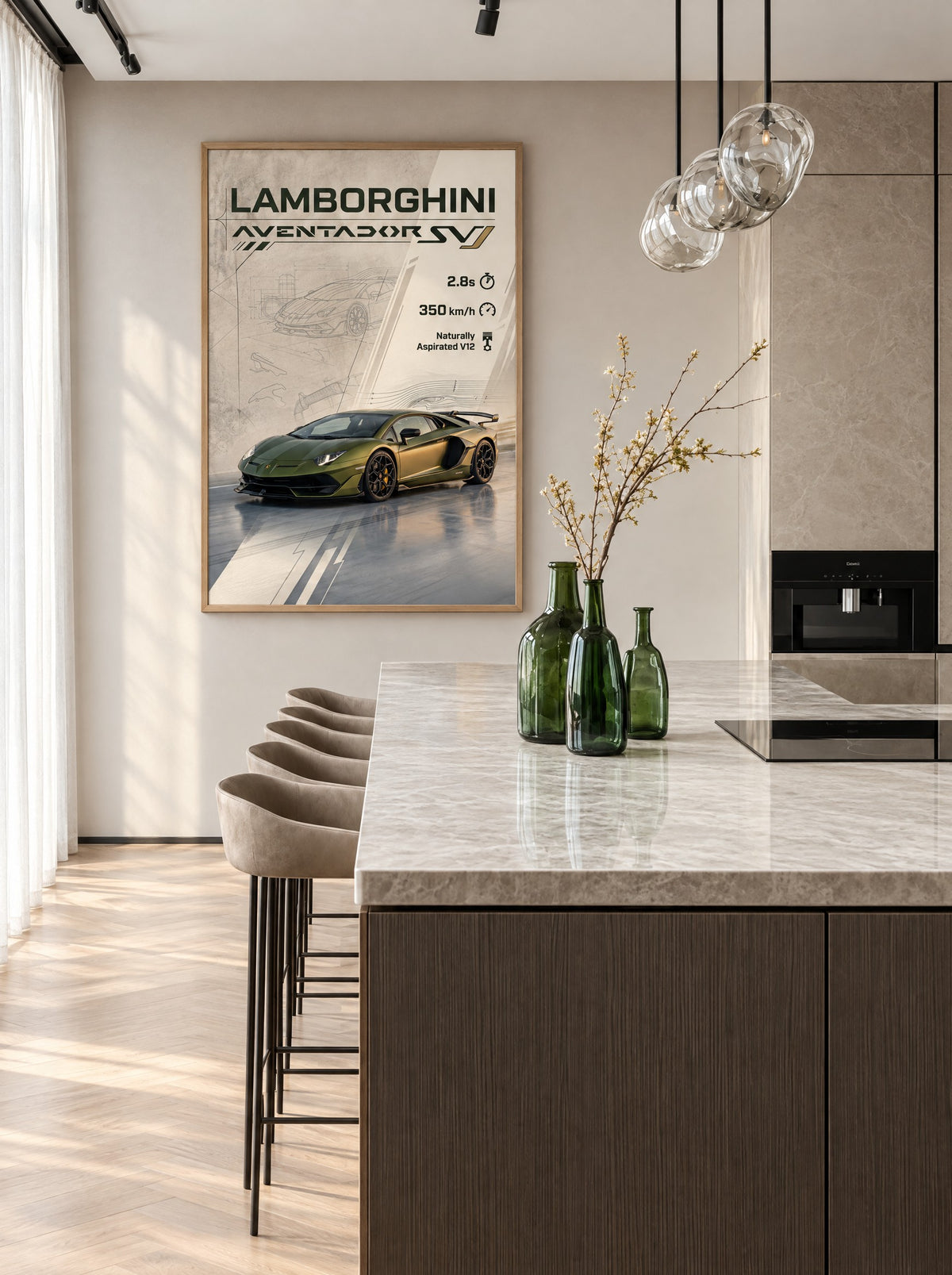 Lamborghini Aventador SVJ met natuur houten lijst aan de muur in de werkkamer