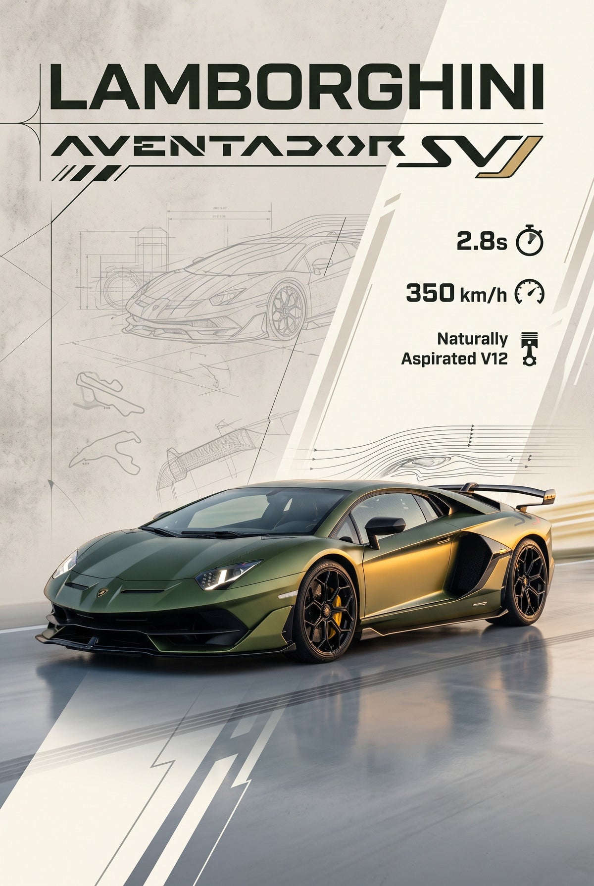 Poster met matgroene Lamborghini Aventador SVJ op een crèmekleurige poster met schetsen en circuitlijnen