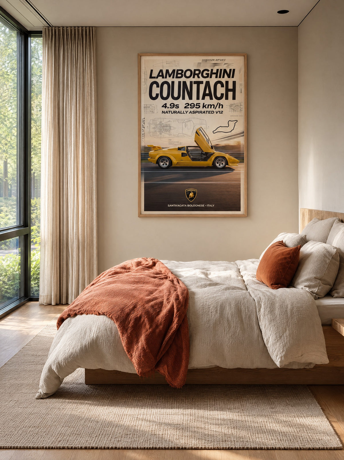 Lamborghini Countach met natuur houten lijst aan de muur in de werkkamer