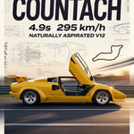 Poster met gele Lamborghini Countach met openstaande deur op een poster met blauwdruk