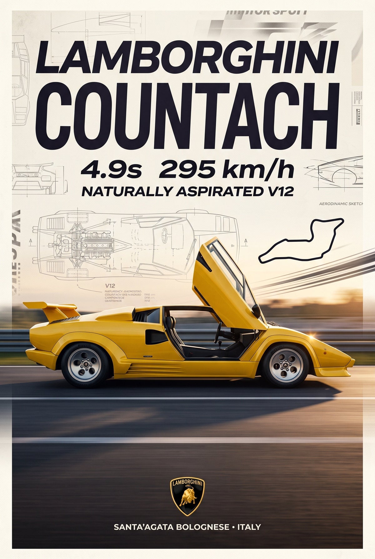 Poster met gele Lamborghini Countach met openstaande deur op een poster met blauwdruk