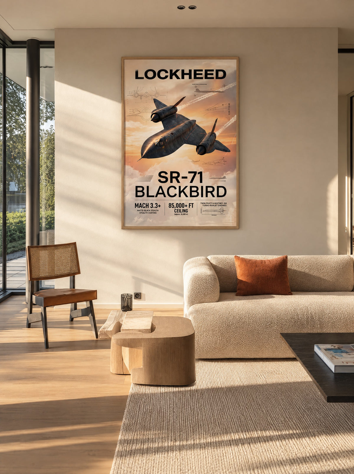 Lockheed SR-71 Blackbird met natuur houten lijst aan de muur in de woonkamer