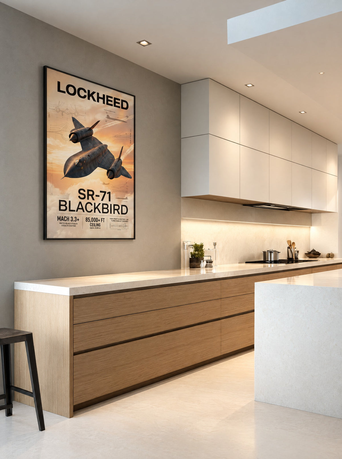 Lockheed SR-71 Blackbird met zwarte lijst aan de muur in de werkkamer