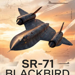 Poster met zwarte SR-71 Blackbird tegen een oranje wolkenlucht op een poster met blauwdrukken