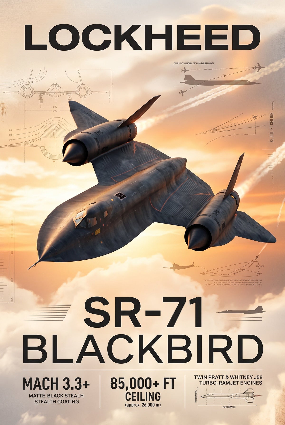 Poster met zwarte SR-71 Blackbird tegen een oranje wolkenlucht op een poster met blauwdrukken
