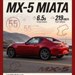 Poster met rode Mazda MX-5 Miata op een kustweg bij zonsondergang op een poster met rode rand