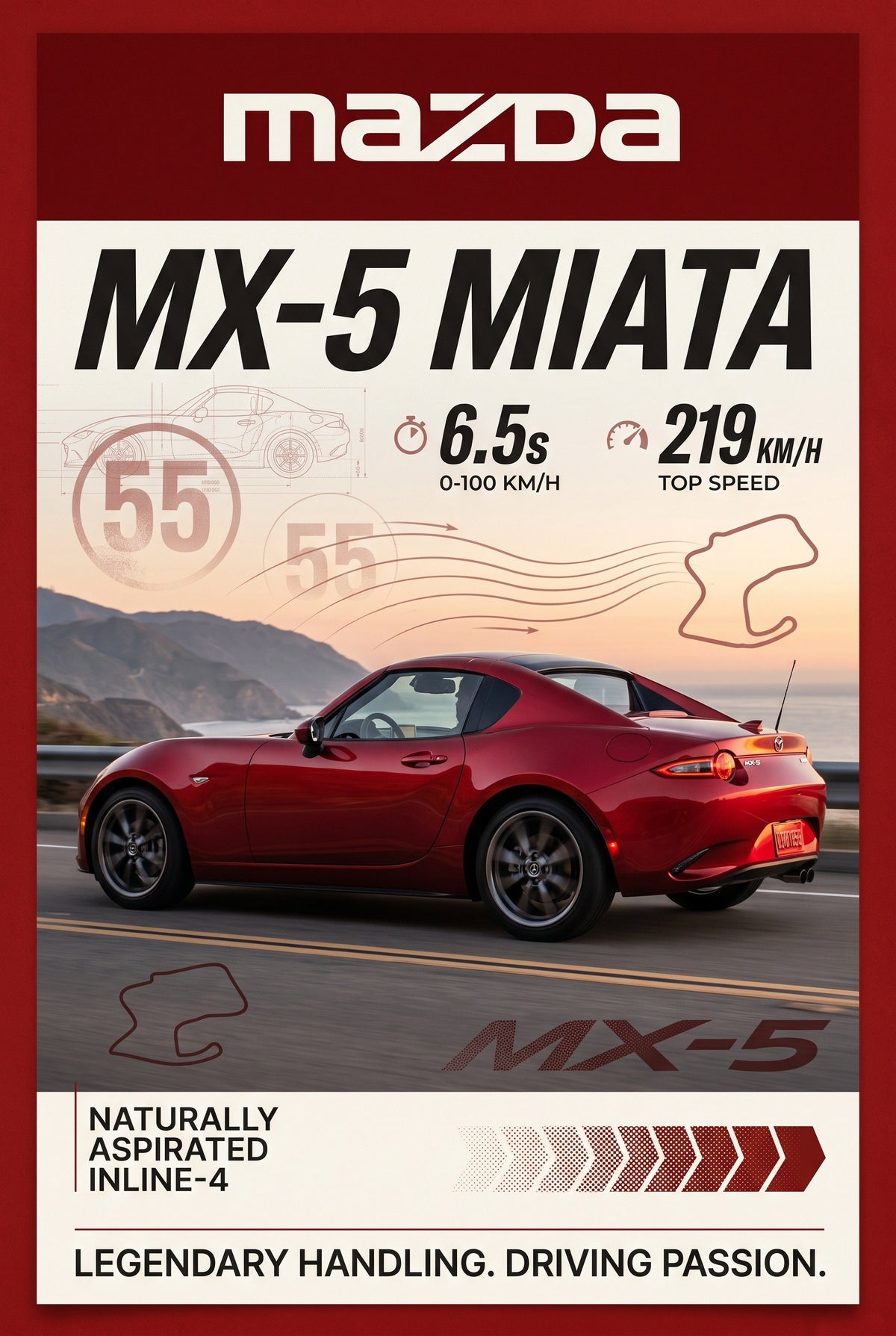 Poster met rode Mazda MX-5 Miata op een kustweg bij zonsondergang op een poster met rode rand