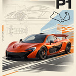 Poster met oranje McLaren P1 in schuin vooraanzicht op een crèmekleurige poster met blauwe en oranje vlakken