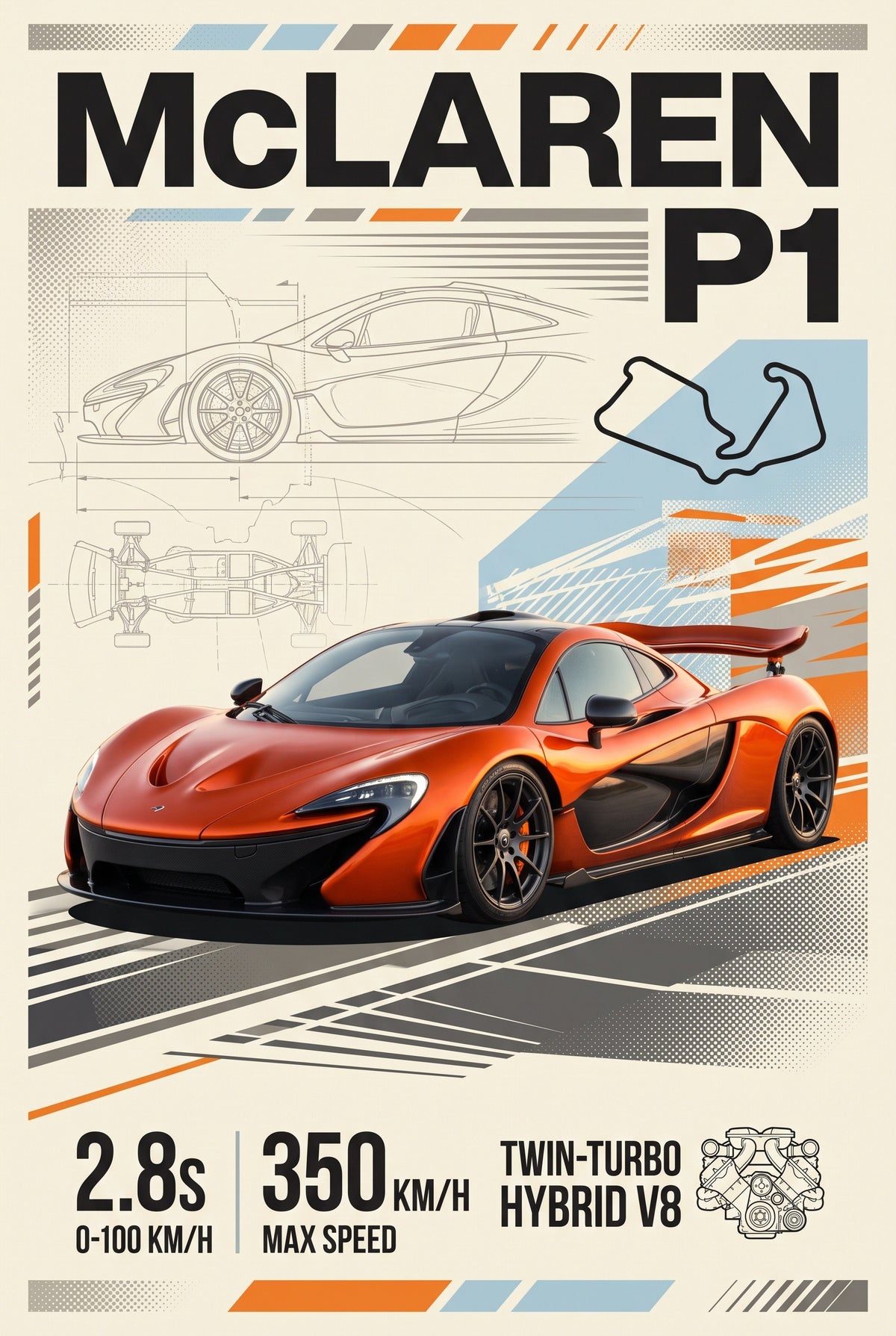 Poster met oranje McLaren P1 in schuin vooraanzicht op een crèmekleurige poster met blauwe en oranje vlakken