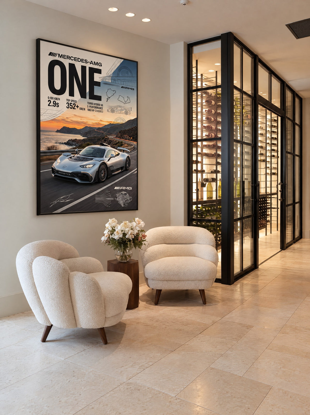 Mercedes-AMG One met zwarte lijst aan de muur in de woonkamer