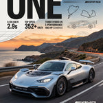 Poster met zilveren Mercedes-AMG One op een kustweg bij zonsondergang op een poster met circuitcontouren