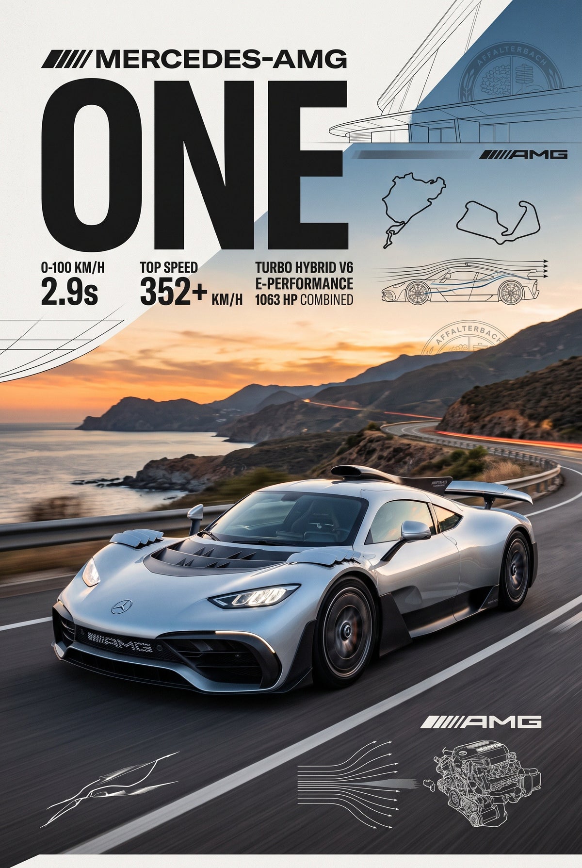 Poster met zilveren Mercedes-AMG One op een kustweg bij zonsondergang op een poster met circuitcontouren