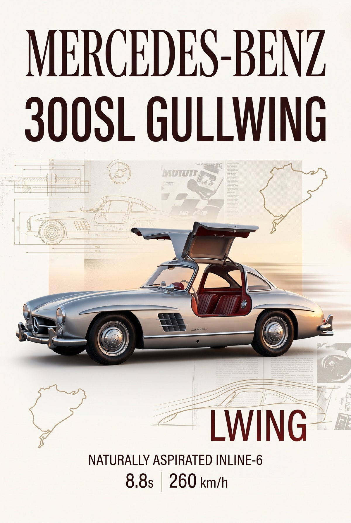 Poster van een zilveren Mercedes-Benz 300SL Gullwing met geopende vleugeldeuren, blauwdrukken en tekst op crèmekleurige achtergrond.