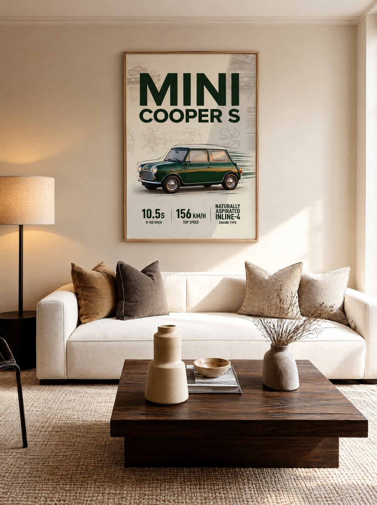 Mini Cooper S (Classic) met natuur houten lijst aan de muur in een woonkamer