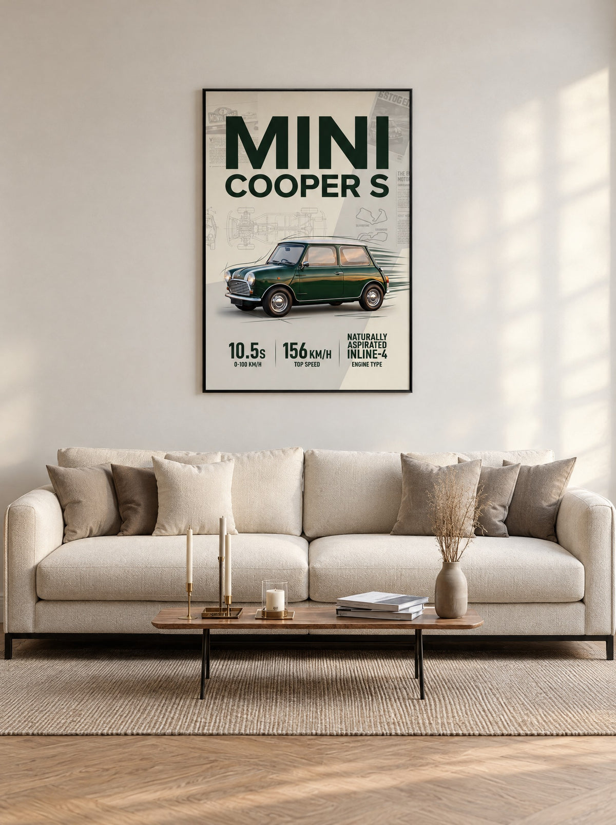 Mini Cooper S (Classic) met zwarte lijst aan de muur in een hobbykamer