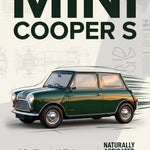 Poster van een donkergroene klassieke Mini Cooper S met wit dak, grote tekst, techniektekening en prestatiecijfers.