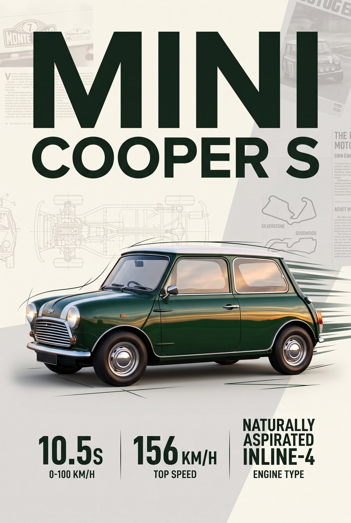 Poster van een donkergroene klassieke Mini Cooper S met wit dak, grote tekst, techniektekening en prestatiecijfers.