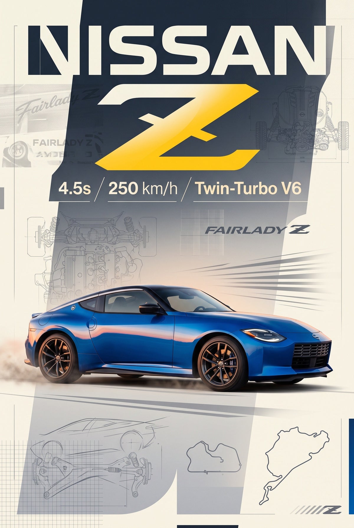 Poster van een blauwe Nissan Z met groot geel Z-logo, schetsen van motor en ophanging en snelheidsstrepen.