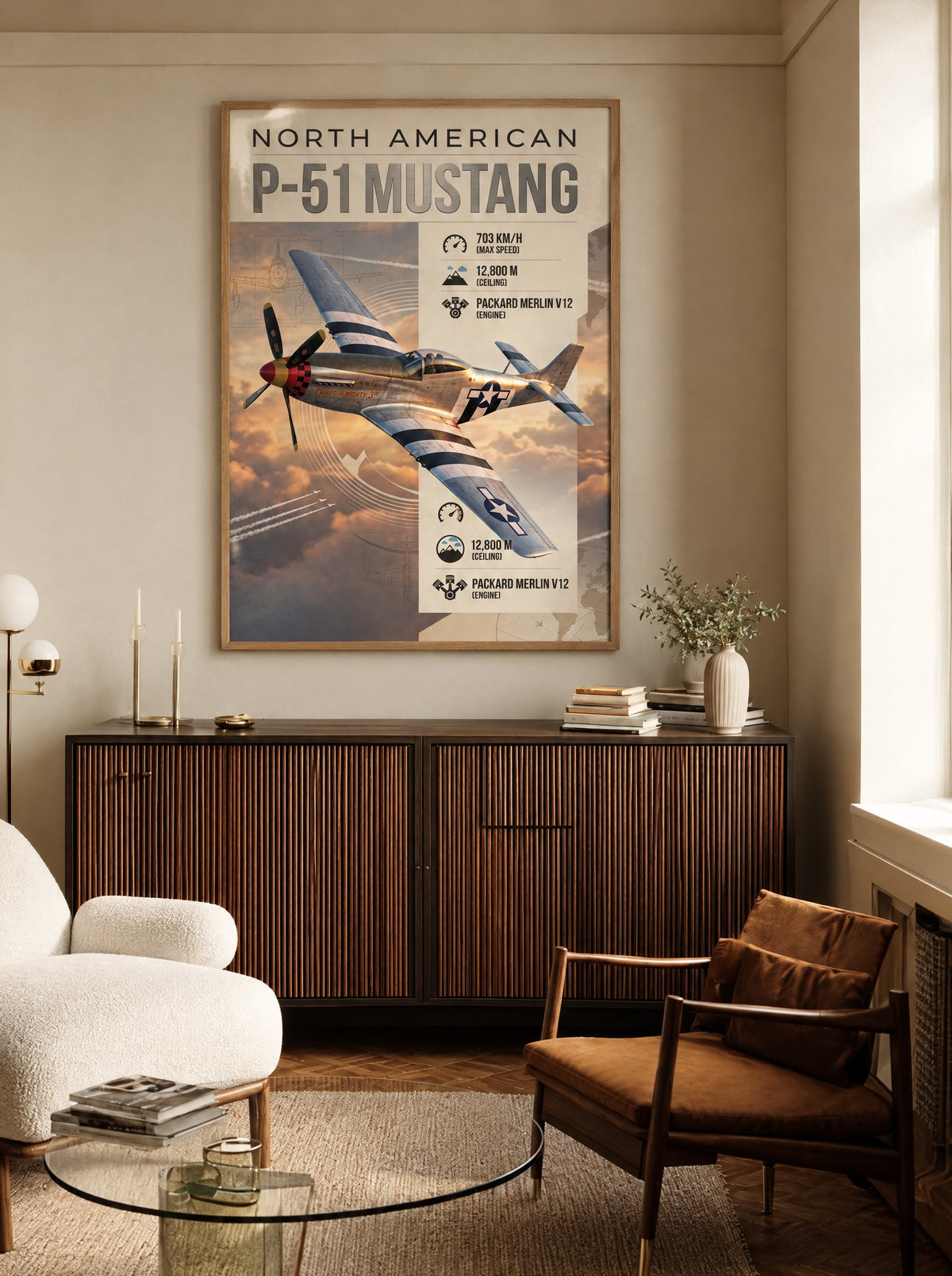 North American P-51 Mustang met natuur houten lijst aan de muur in een woonkamer
