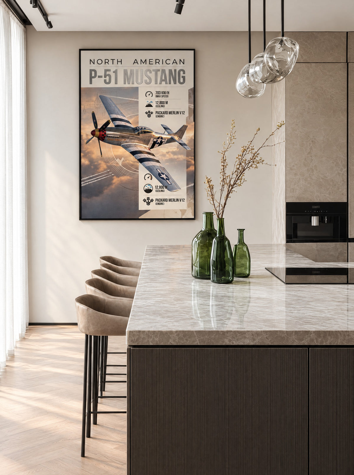 North American P-51 Mustang met zwarte lijst aan de muur in een werkkamer