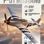Poster van een zilveren P-51 Mustang met zwart-witte strepen boven oranje wolken, met een kolom met technische gegevens.