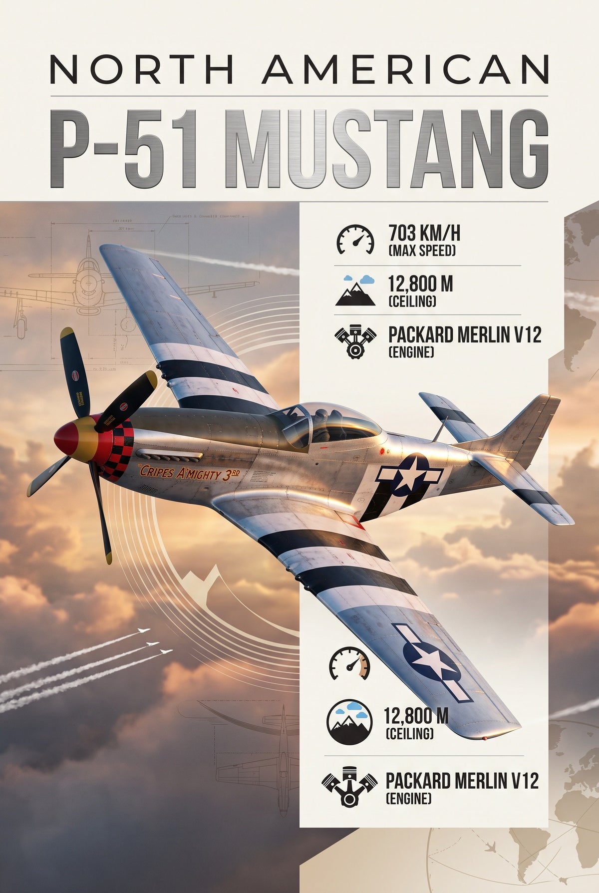 Poster van een zilveren P-51 Mustang met zwart-witte strepen boven oranje wolken, met een kolom met technische gegevens.