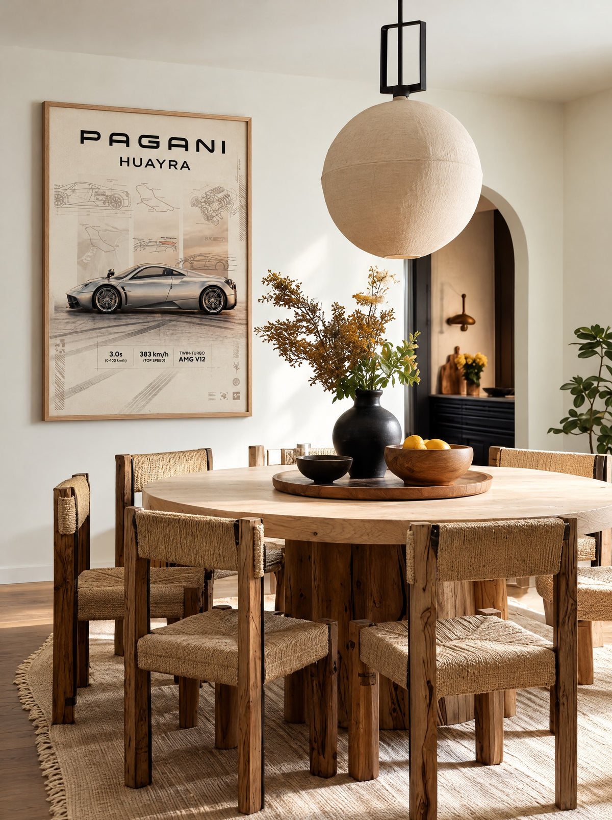 Pagani Huayra met natuur houten lijst aan de muur in een woonkamer