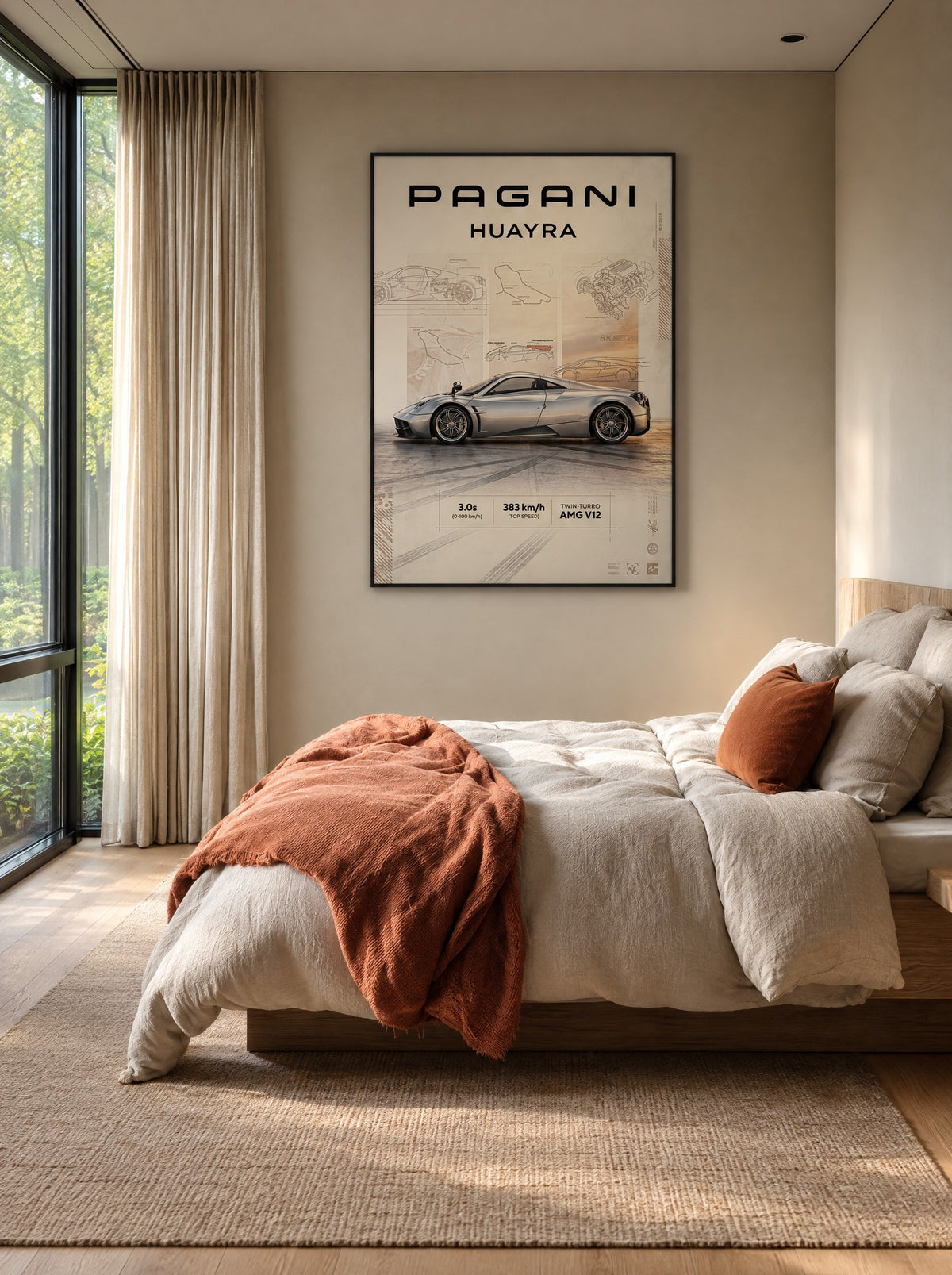 Pagani Huayra met zwarte lijst aan de muur in een kantoor