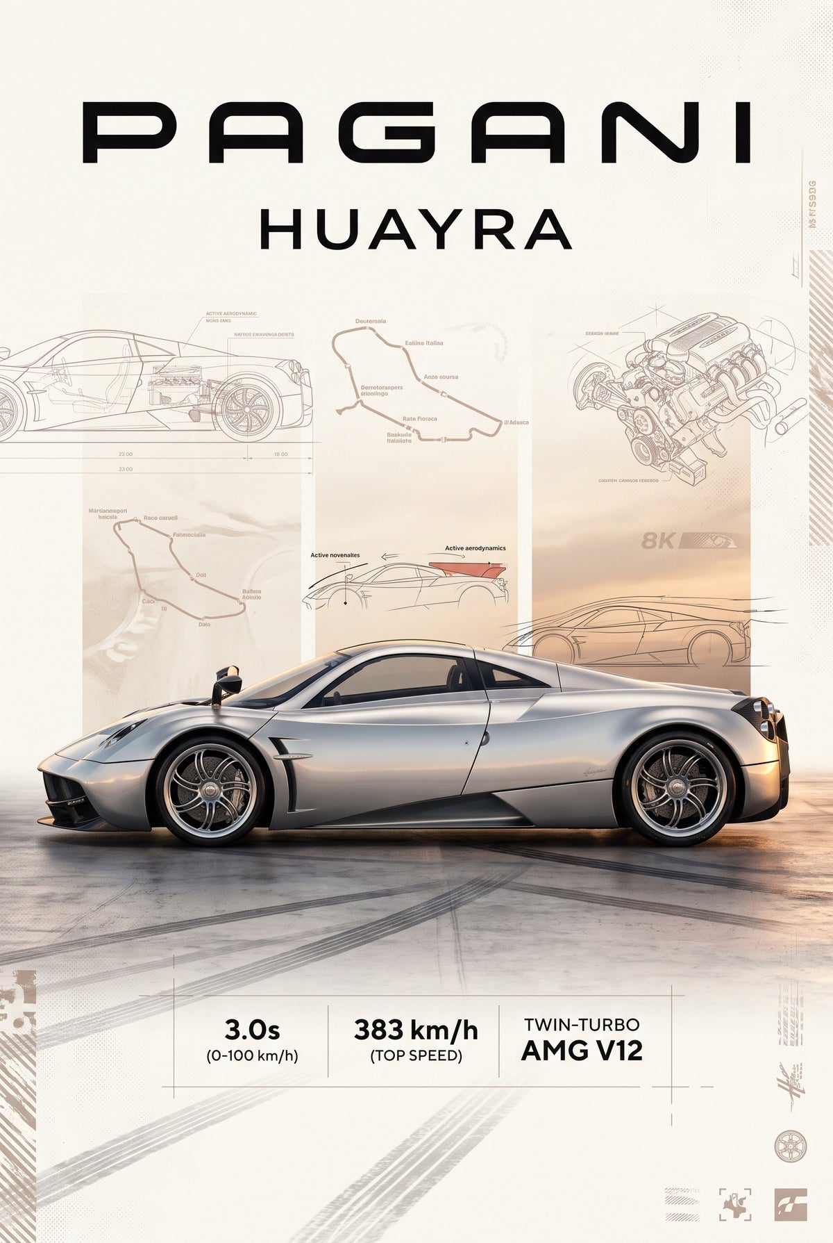 Poster van een zilveren Pagani Huayra in zijaanzicht met blauwdrukken, een motorschets en circuitkaartjes.