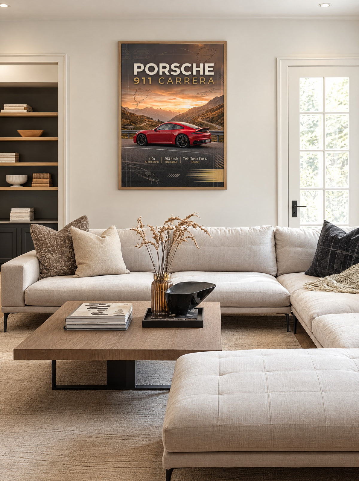 Porsche 911 Carrera met natuur houten lijst aan de muur in een woonkamer