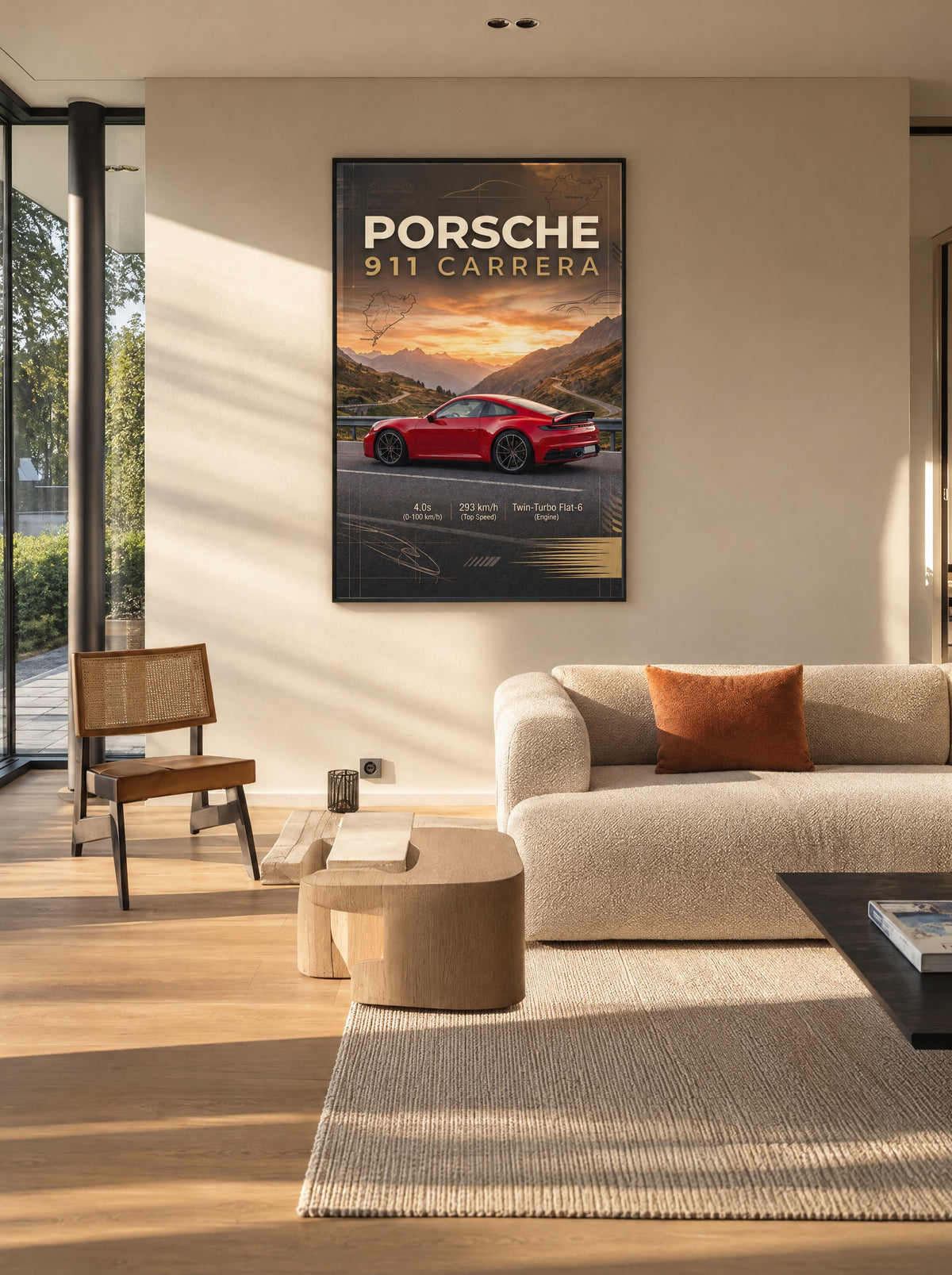 Porsche 911 Carrera met zwarte lijst aan de muur in een werkkamer