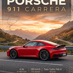Poster van een rode Porsche 911 Carrera op een bergweg met een oranje zonsondergang en bergen op de achtergrond.