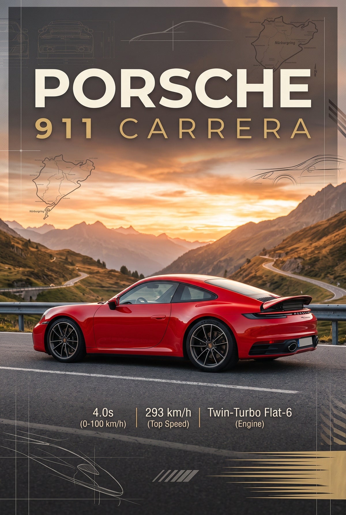 Poster van een rode Porsche 911 Carrera op een bergweg met een oranje zonsondergang en bergen op de achtergrond.