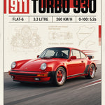 Poster van een rode Porsche 911 Turbo 930 op een circuit, met titelbalk, motorschets en circuitkaartje op crèmekleurige achtergrond.