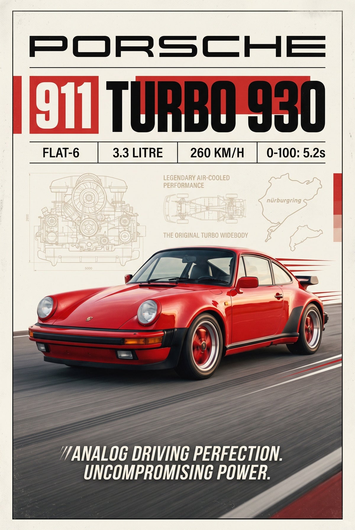 Poster van een rode Porsche 911 Turbo 930 op een circuit, met titelbalk, motorschets en circuitkaartje op crèmekleurige achtergrond.