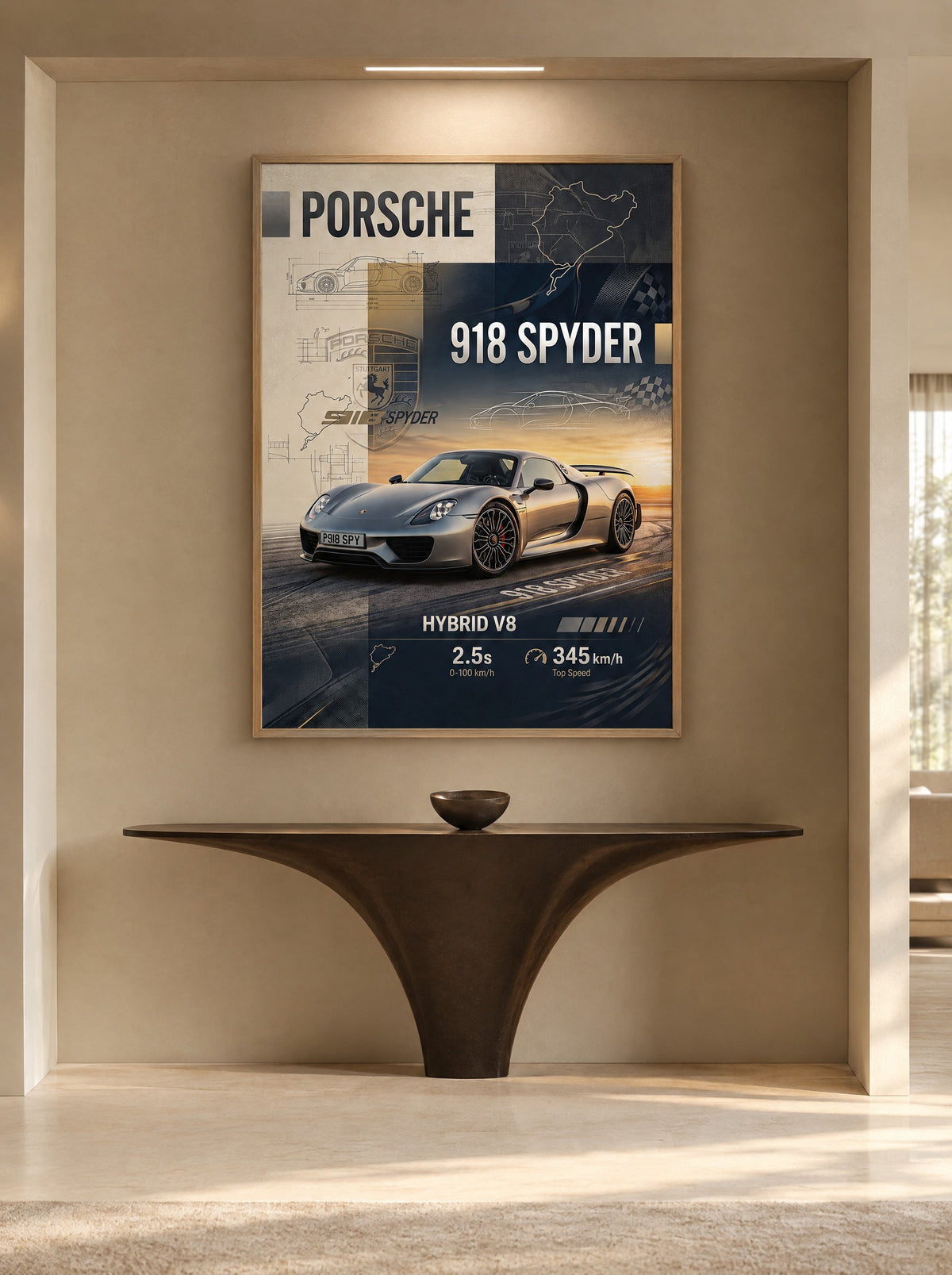 Porsche 918 Spyder met natuur houten lijst aan de muur in een woonkamer