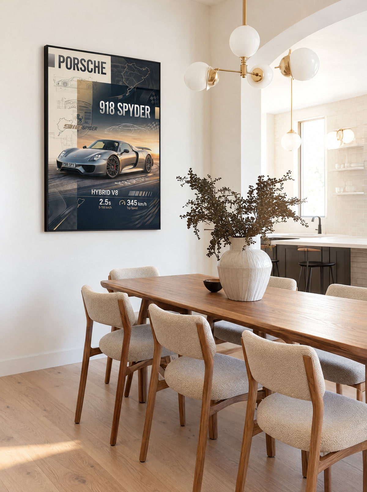 Porsche 918 Spyder met zwarte lijst aan de muur in een kantoor