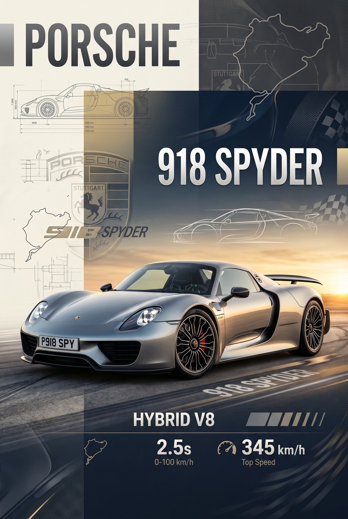 Poster van een zilveren Porsche 918 Spyder op een circuit bij zonsondergang met blauwe en crèmekleurige vlakken en schetsen.
