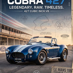 Poster van een blauwe Shelby Cobra 427 met witte strepen voor een pitlane bij zonsondergang, met schetsen en krantenknipsels.