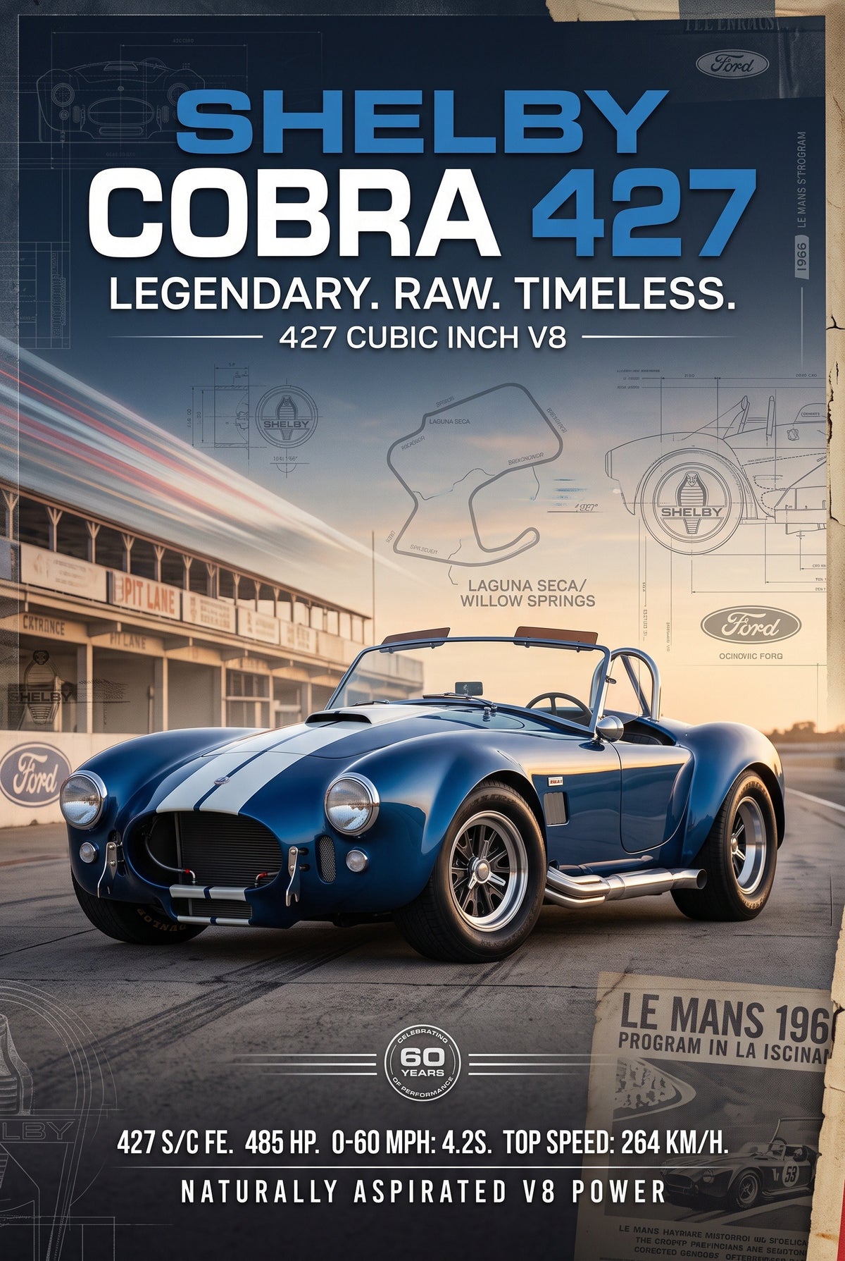 Poster van een blauwe Shelby Cobra 427 met witte strepen voor een pitlane bij zonsondergang, met schetsen en krantenknipsels.